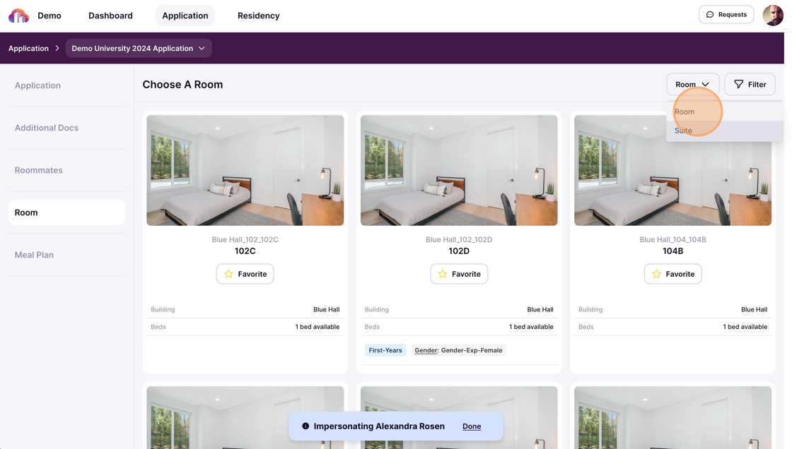 Select room drop down to filter by room or suite on the top of the right side